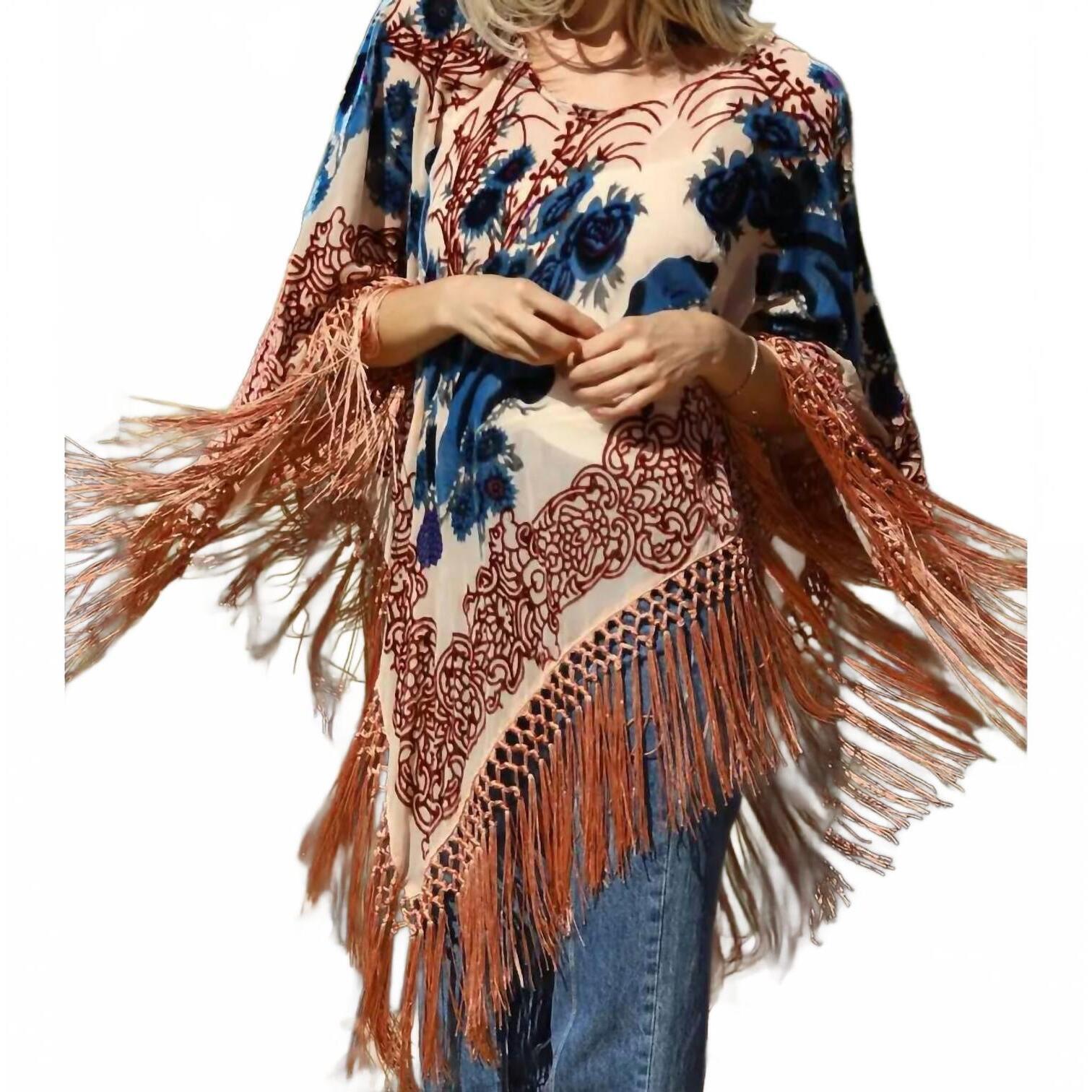 New Angie Velvet Fringe Poncho In Cream And Blue